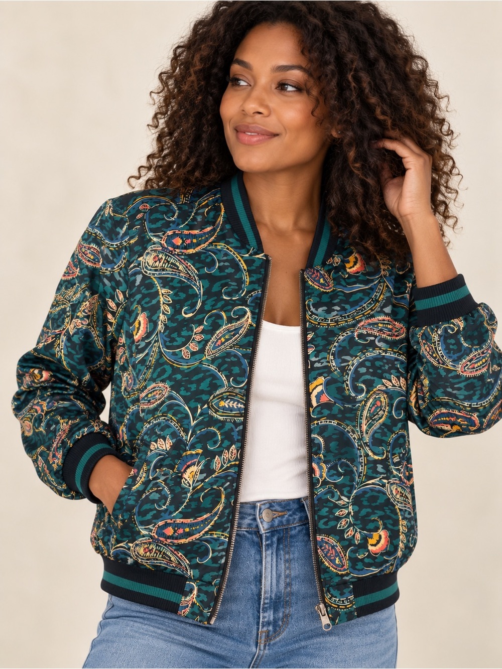 Johnny Was Workshop Reversible Silk Paisley Bomber Jacket W44421-7